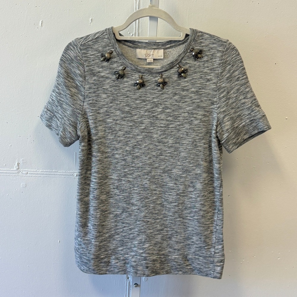 LOFT Petites Grey Space Dye Embellished Short Sleeve Sweatshirt Top‎ SP Cotton